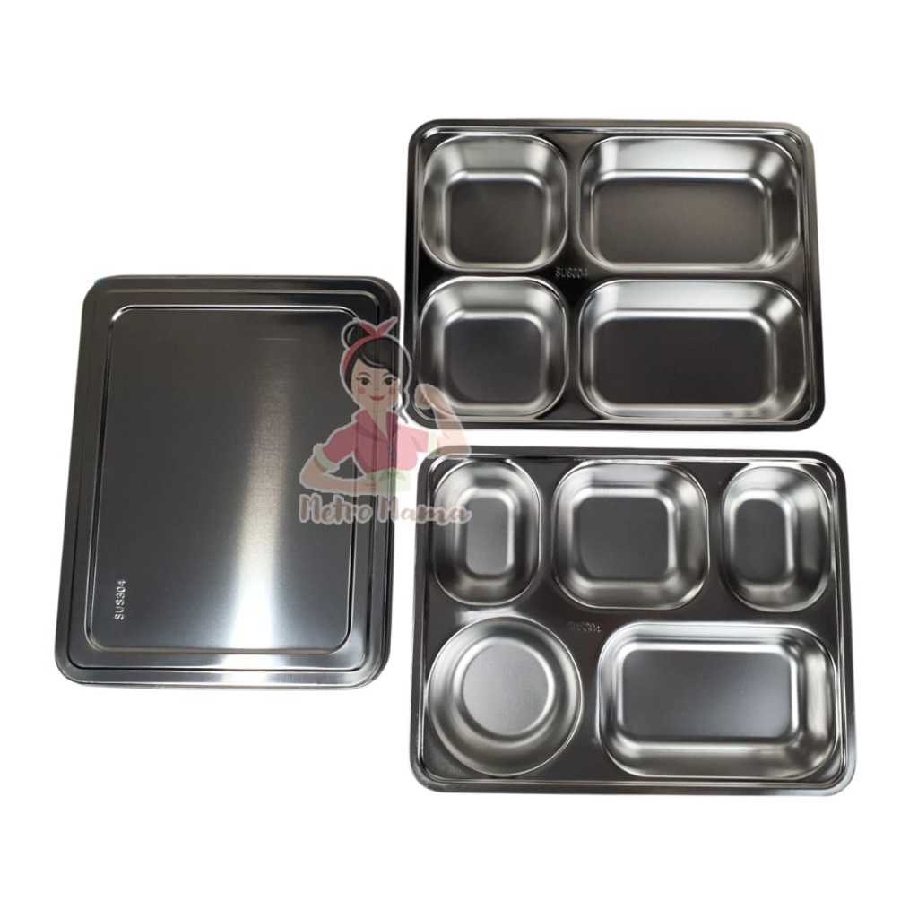 Tray Wadah Tempat Makan Stainless 4 & 5 Sekat 6cm 304 Ompreng Tebal Tutup Plastik Stainless Catering