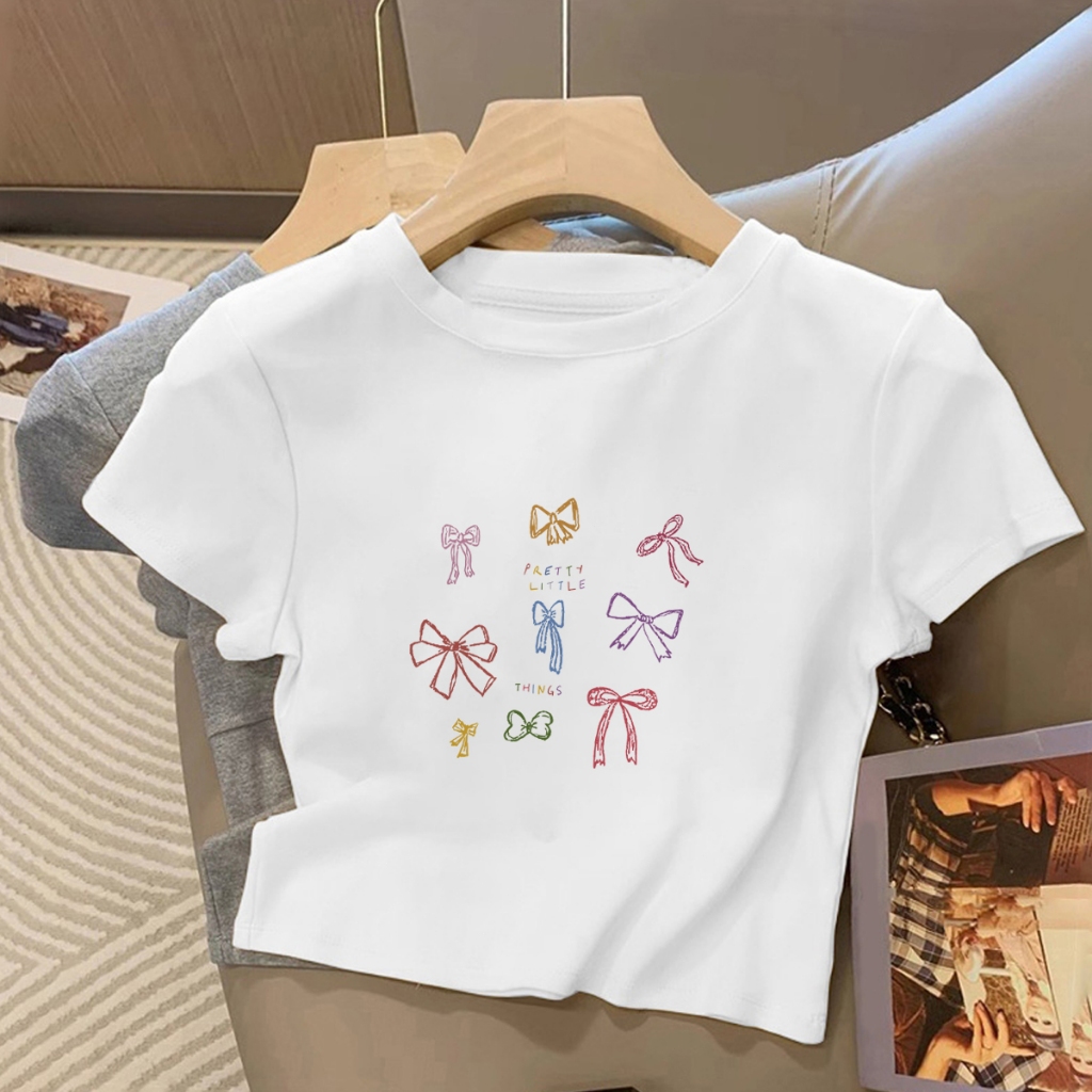 JW T-shirt Crop Top Lengan Pendek Kaos Wanita Crop Top Korea Sweet Butterfly Print Kaos Crop Wanita 