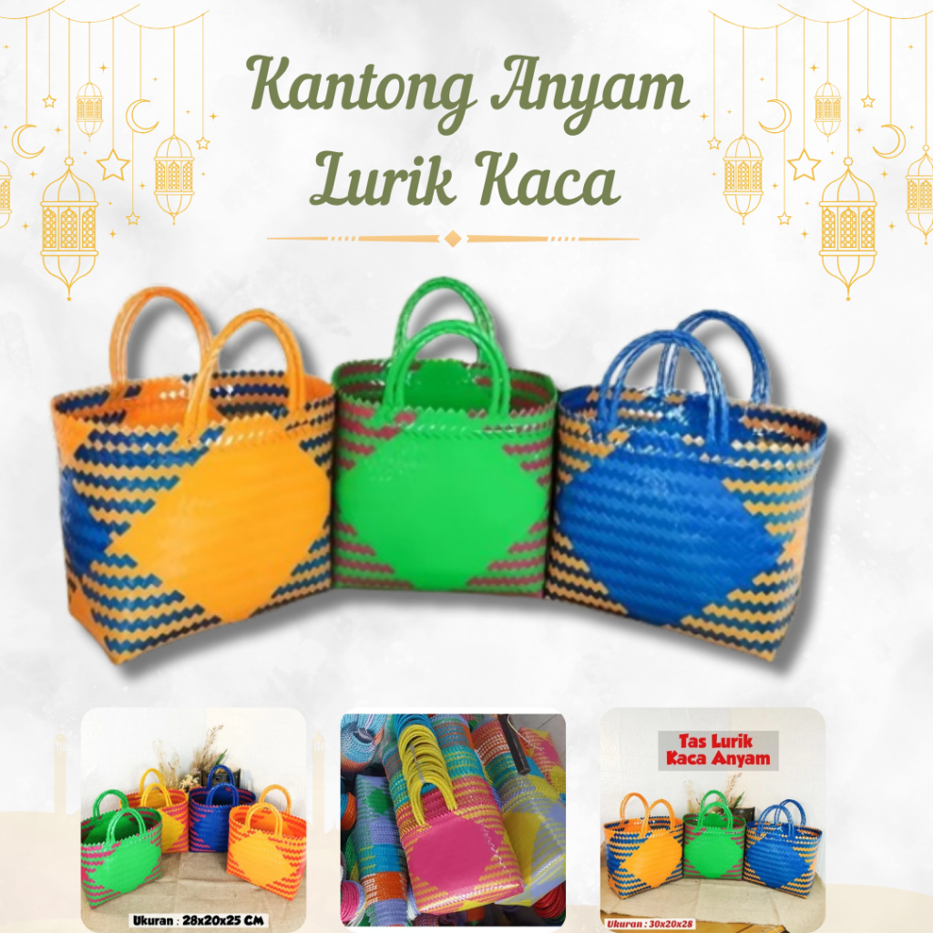 Keranjang Belanja Anyaman Plastik Kaca Glosy Kantong Belanja Tas Lurik Belanja Jadul S L M XL