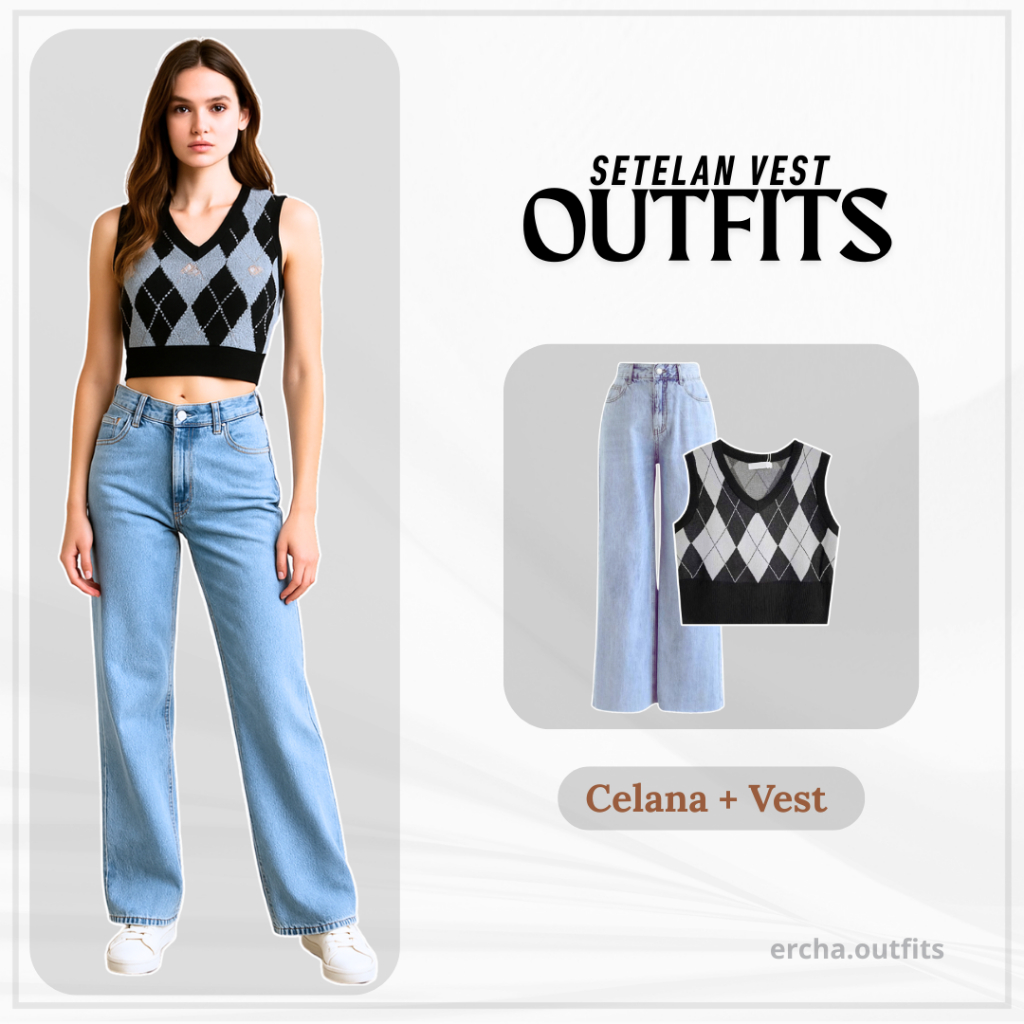 OOTD 2 in 1 Loose Pants Jeans & Vest Crop Motif Diamond Abu Setelan Wanita Casual Kekinian Stylish