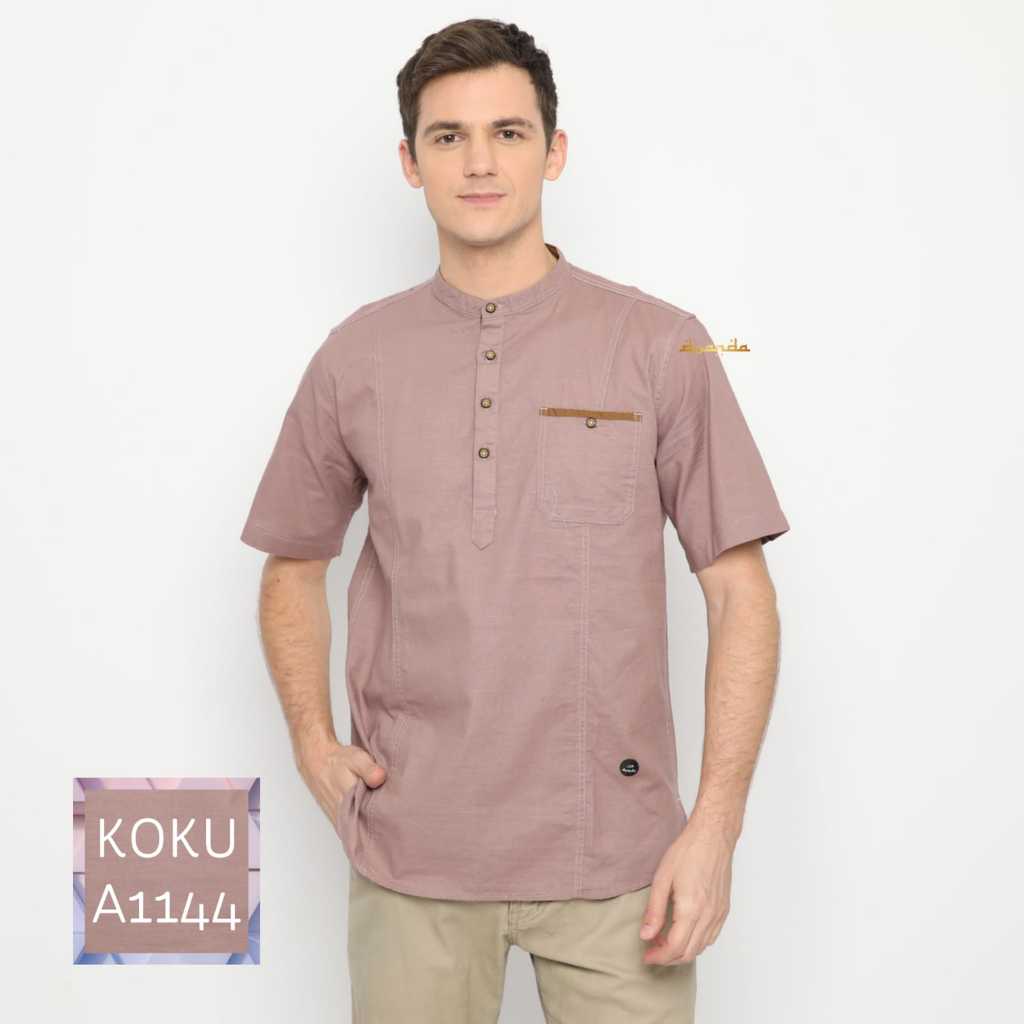 Doanda - Baju Koko Pria Dewasa Lengan Pendek - Kemeja Muslim Pria Katun Slub Baju koko Kekinian