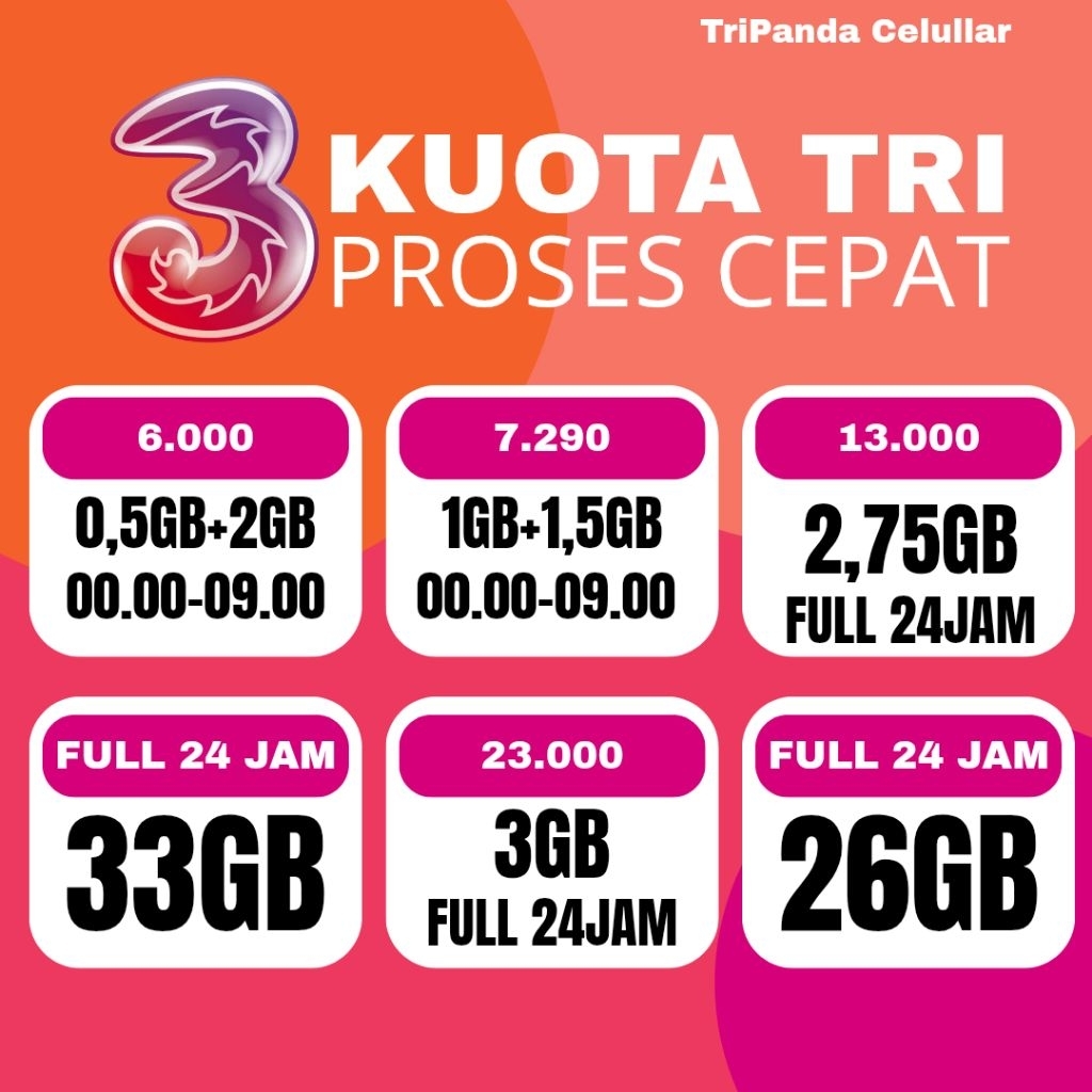 KUOTA TRI HARIAN TERMURAH 3GB 2,75GB 1GB