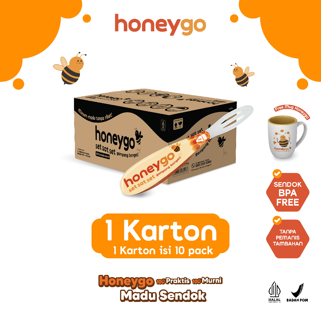 

Honeygo Madu Murni dengan Sendok 1 Karton Kemasan Packs + Free Merchandise Mug Honeygo