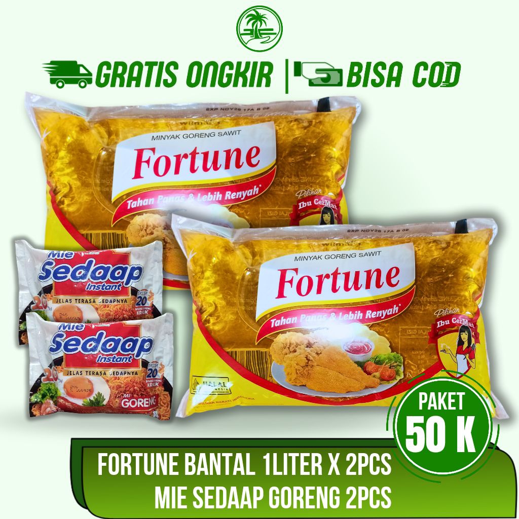 

Paket Minyak Goreng Fortune Bantal 1 Liter x 2pcs dan Mie Sedaap Goreng 2pcs