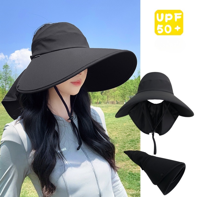 Topi pantai wanita atas kosong tali leher detachable anti panas Topi bucket polos fashion anti UV To