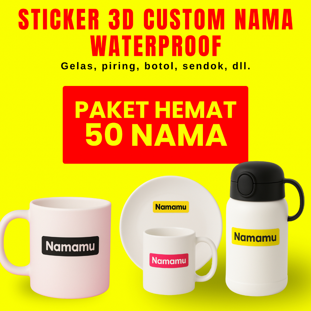 

50 PCS Stiker Waterproof Barang Custom Nama Piring Sendok Botol Gelas Perabotan timbul label