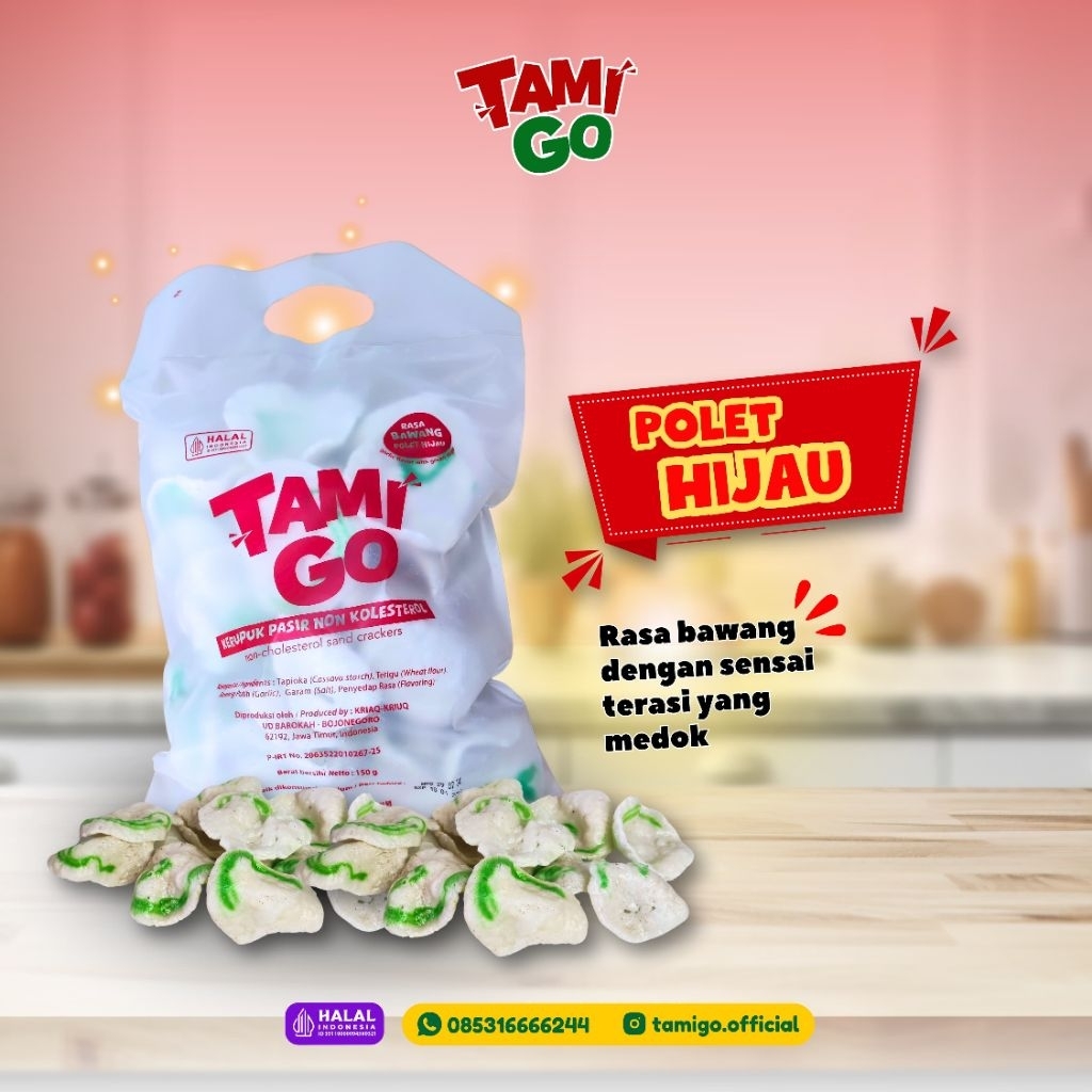 

Kerupuk Pasir Tamigo / Kriaq Kriuq Non Kolesterol 150gr Rasa Polet Hijau Ikan