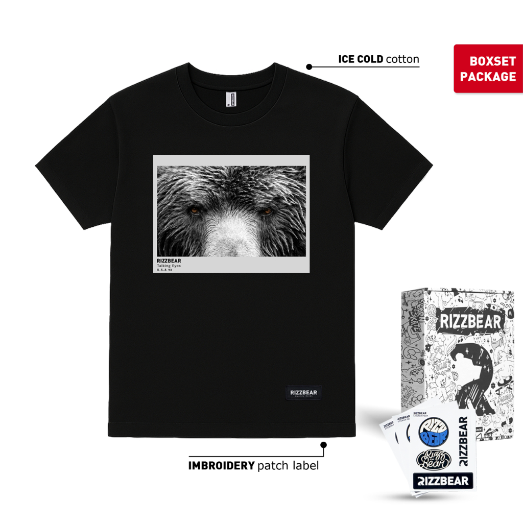 ORI RIZZBEAR Kaos Pria Distro Original Gambar Insight Talking Eyes Bear T-Shirt Black