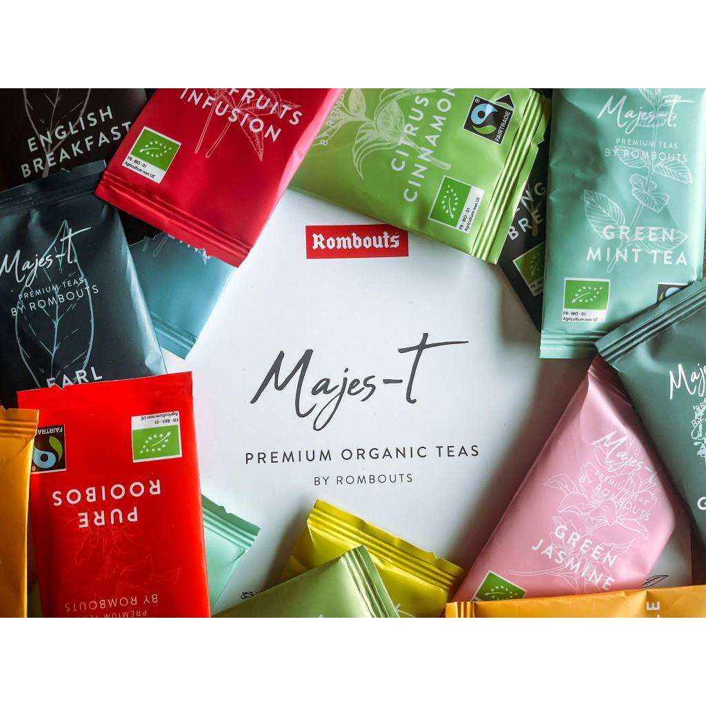

Majes-T Green Mint SEALED COTTOn Enveloped Tea Bags Premium Organic Teas from BELGIUM individually wrapped, sting and tagged tea bags.