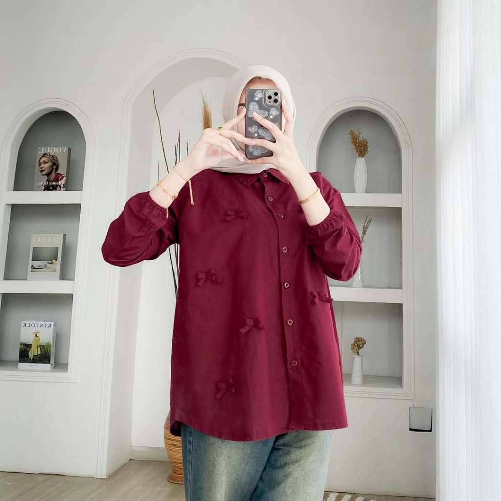 Blouse Fashion Muslimah Zize Shirt Ribbon HS Bahan Linen Size M L XL XXL XXXL LD 110 CM Atasan Wanit