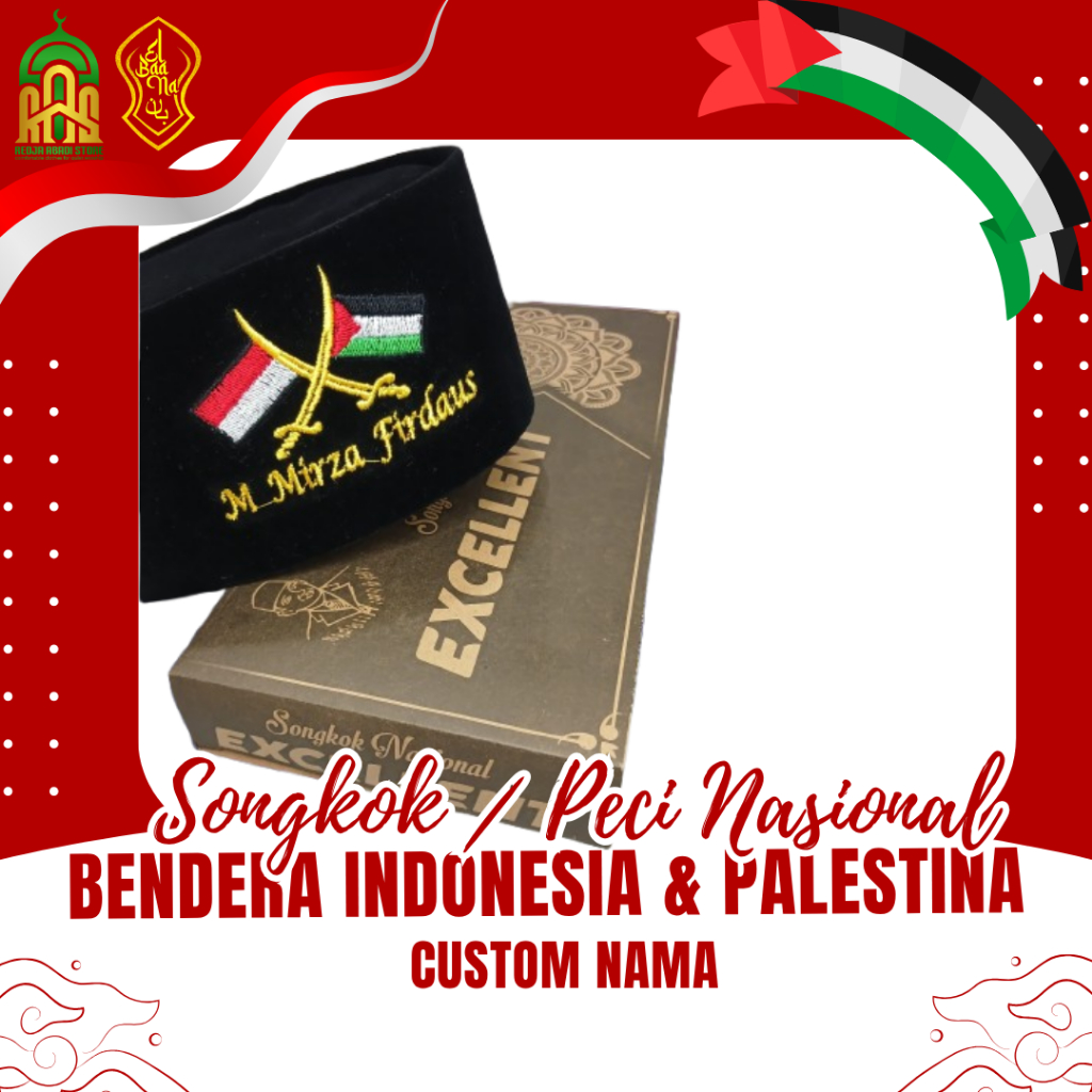PECI/SONGKOK NASIONAL PECI/BENDERA INDONESIA X PALESTINA (BORDIR)