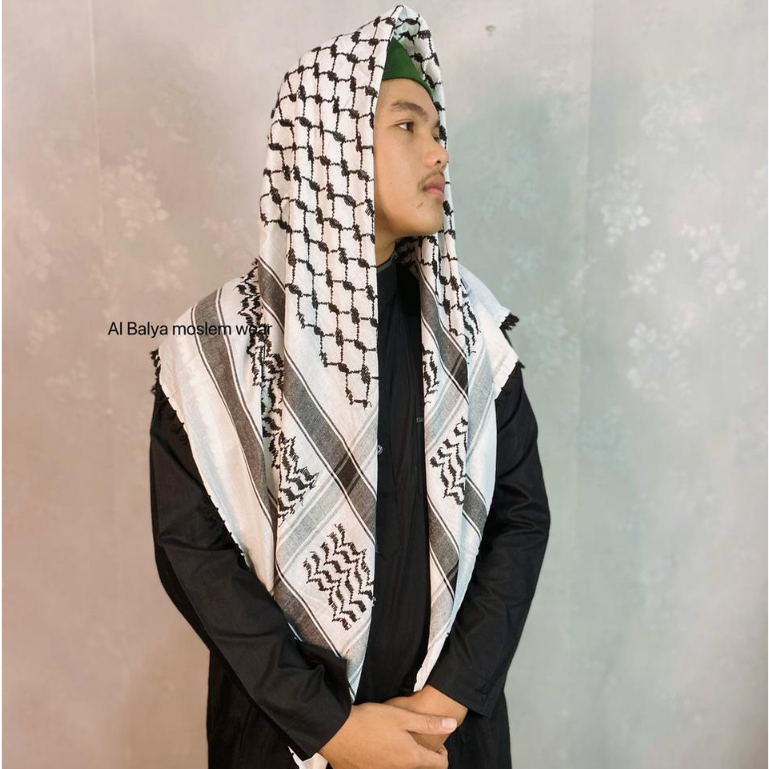 SURBAN PRIA PALESTINE KEFFIYEH HITAM PUTIH ORIGINAL FULL BORDIR