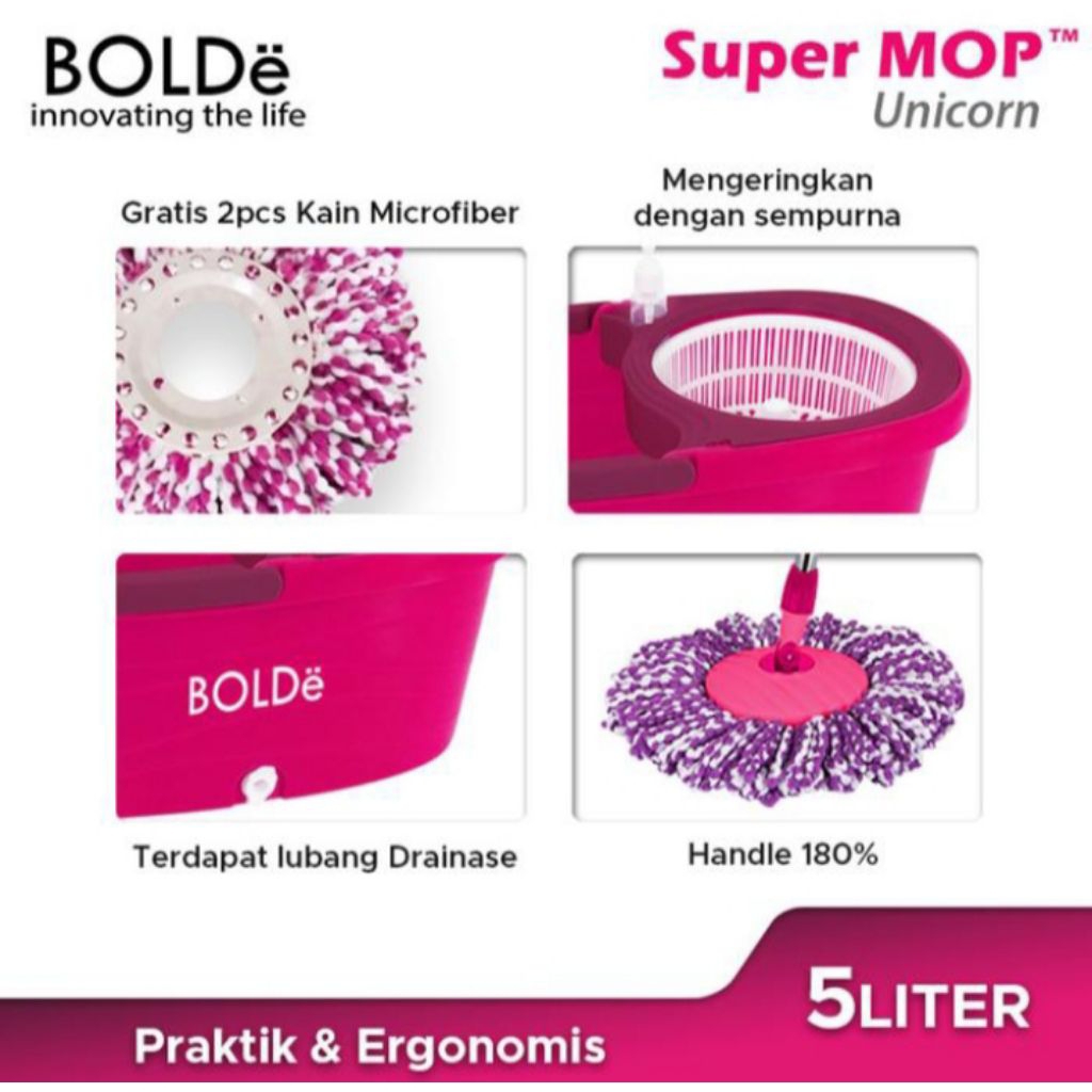Bolde Super Mop Unicorn / Alat Pel Lantai Putar Otomatis Pasti Ori