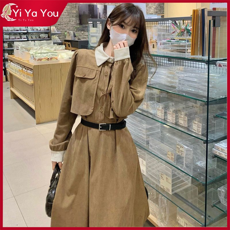 Yi Ya You - Setelan dress menyatu corduroy ala vintage dress gaya clasic eropa - dress vintage dress