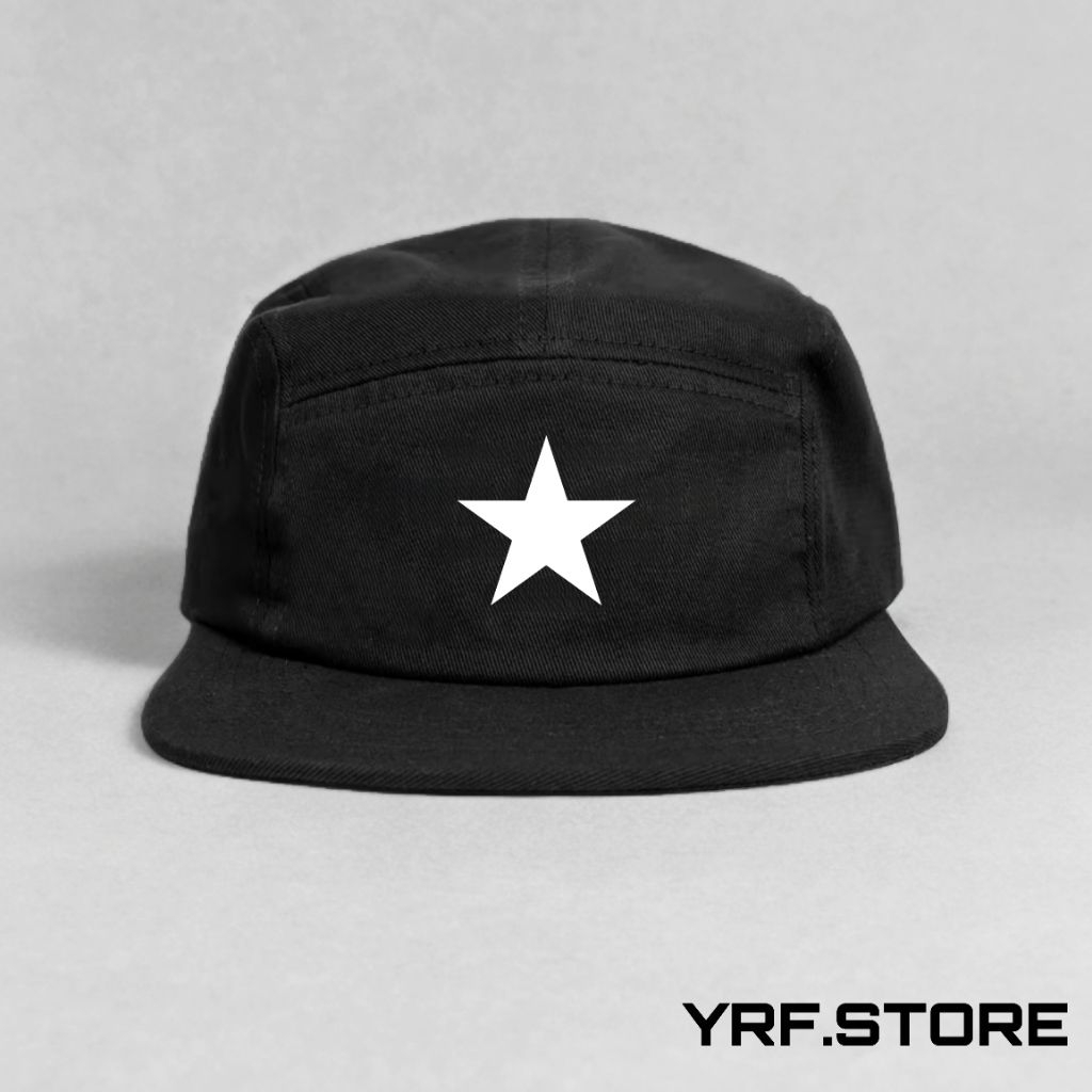 Topi Snapback 5 panelWarna Hitam Dengan Logo sablon bintang Keren / Topi Skena / Five Panel Snapback