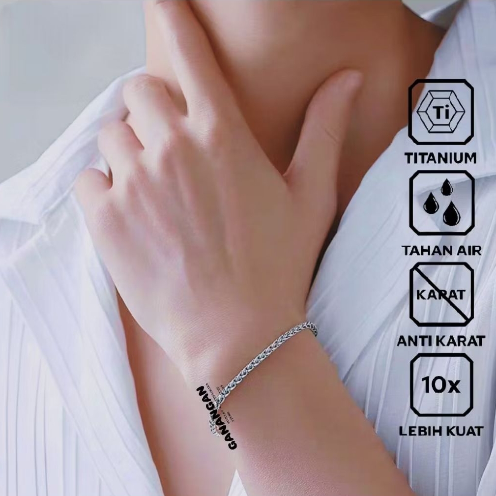 GANANGAN - Gelang Rantai Titanium Model Tulang Naga Kecil Silver Hitam Pria Wanita Terbaru Anti Kara