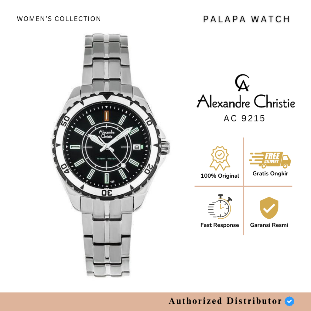 Jam Tangan Wanita Alexandre Christie AC 9215 / AC9215 Night Vision Silver Black Original