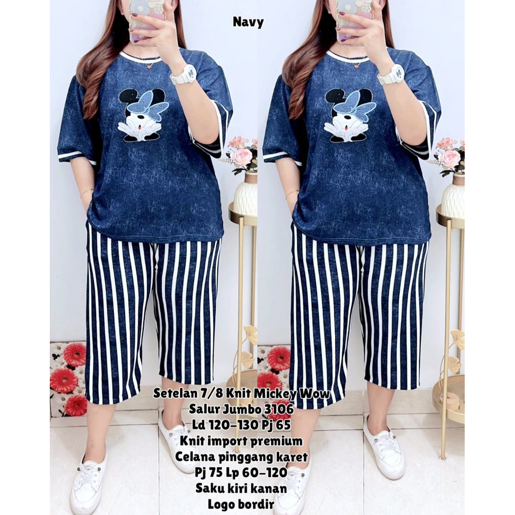 3106 SETELAN 7/8 KNIT MICKEY SALUR JUMBO LD120-130 WANITA|SETELAN SANTAI|ONE SET WANITA