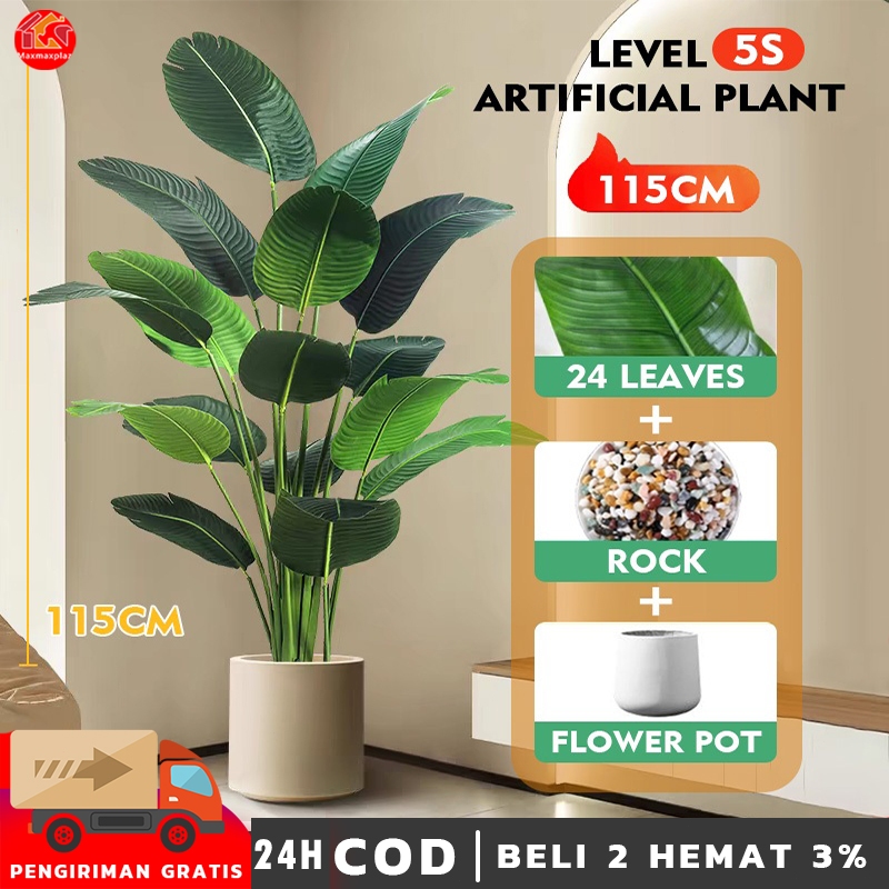DAUN PALEM PLASTIK POHON 120CM 5AKELAS POHON PISANG ARTIFICIAL DAN POT PALSU DAUN DEKORASI POHON TAN