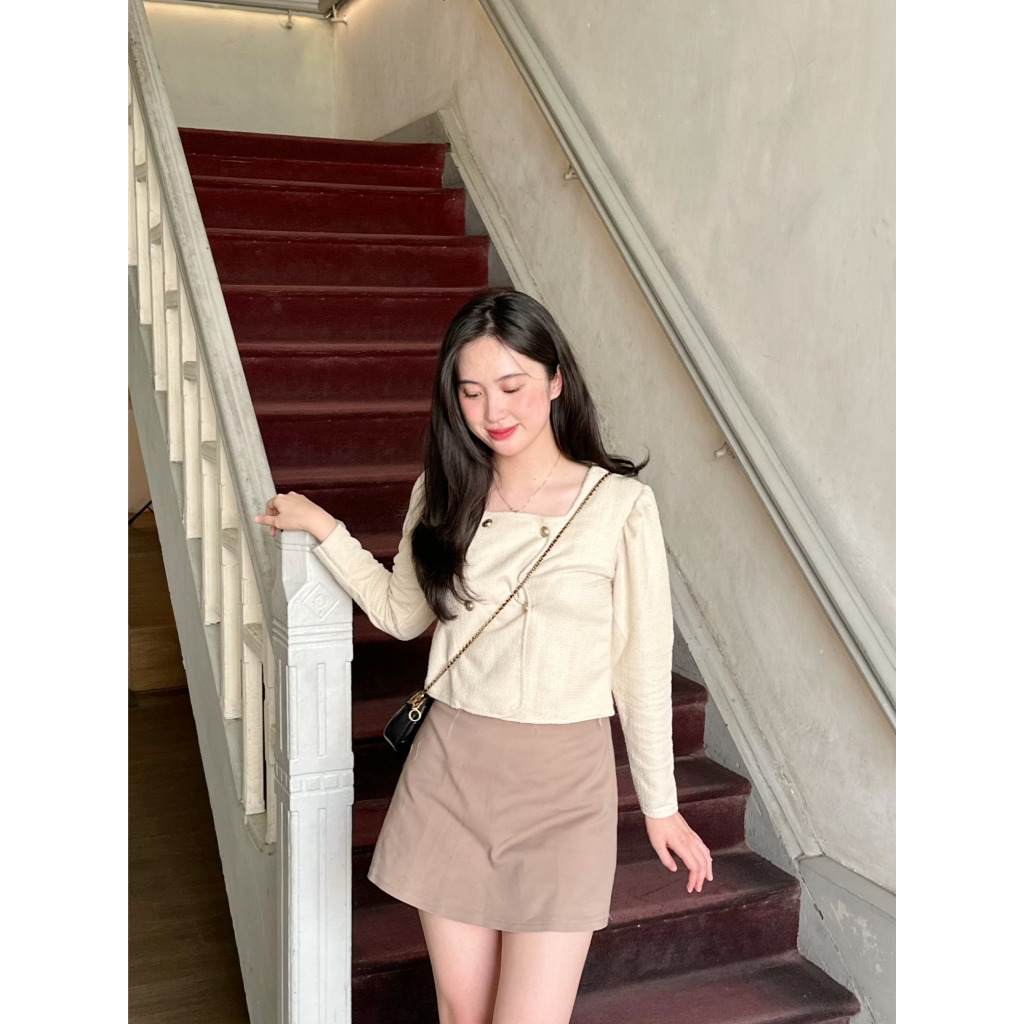 hot deals pola wear alya blazer franch korean tweed outer top wanita kerah bulat