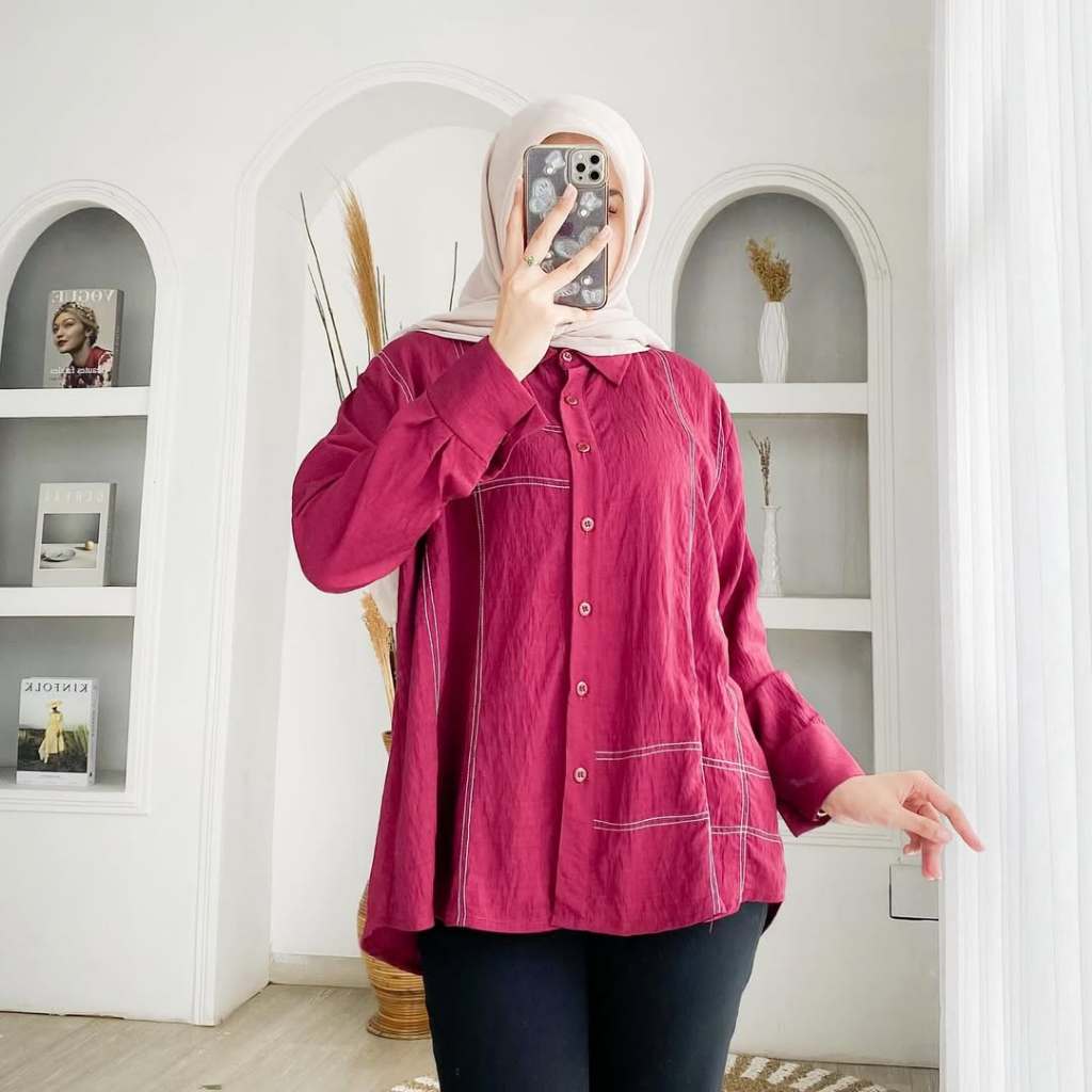 Baju Atasan Oversize Nadine Shirt HS Bahan Polo Linen Size M L XL XXL XXXL Blouse Kemeja Wanita Prem