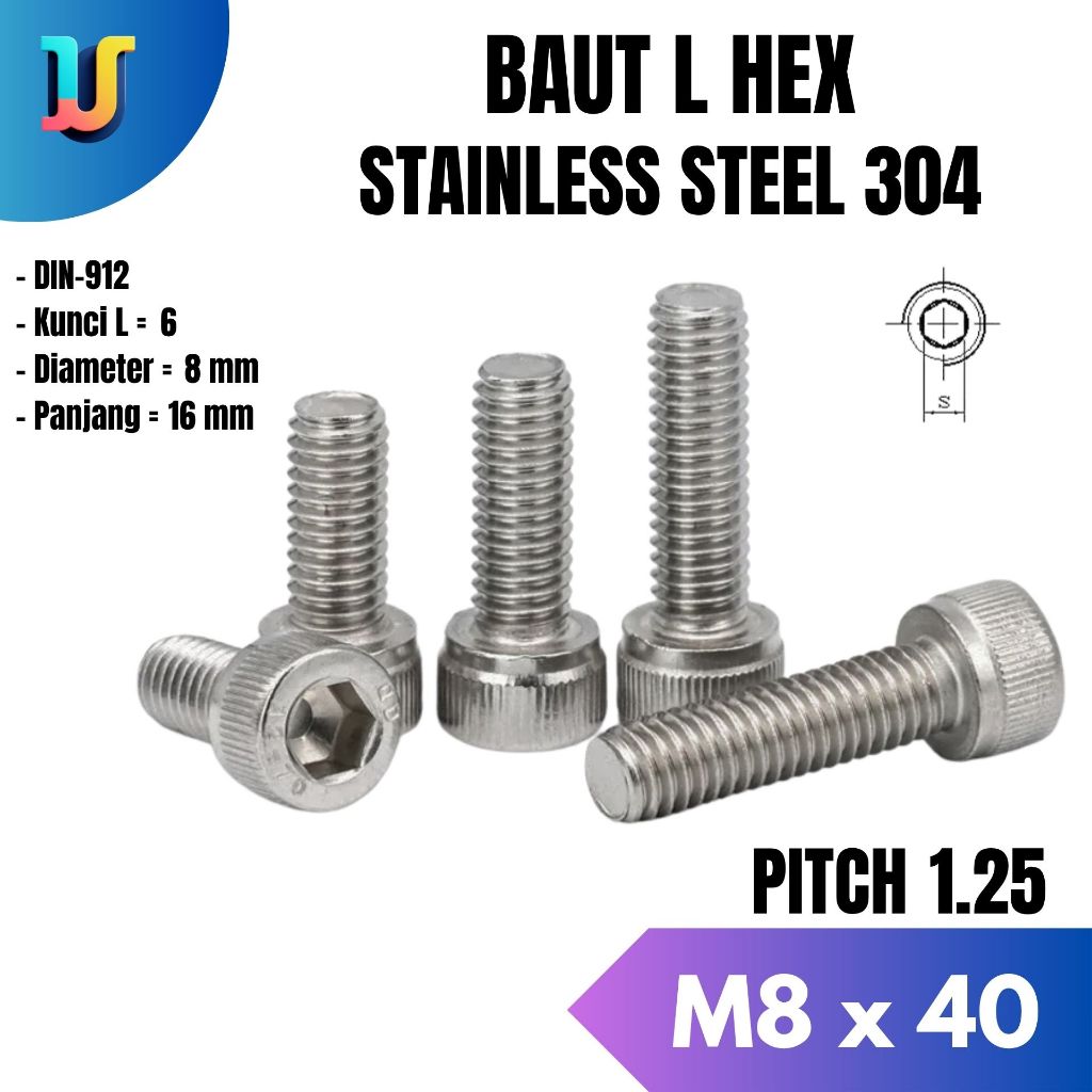 Baut L Stainless M8x40 / Baut L Hex M8 x 40 SS304 / Hex Socket Screw Bolt M8x40 Allen Stainless Stee