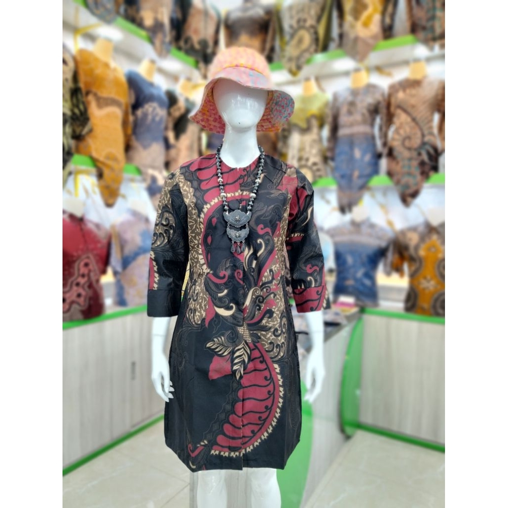 Batik Tunik SANGKURIANG MERAH model kancing depan full lapisan trikot By Qistina Batik