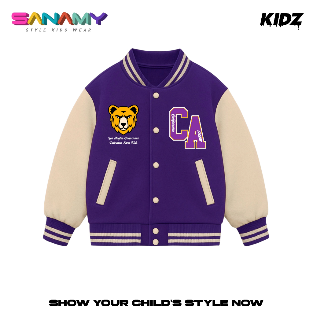 Sanamy Varsity Jaket Baseball Anak Laki Laki California Usia 5-12 Tahun Initial CA