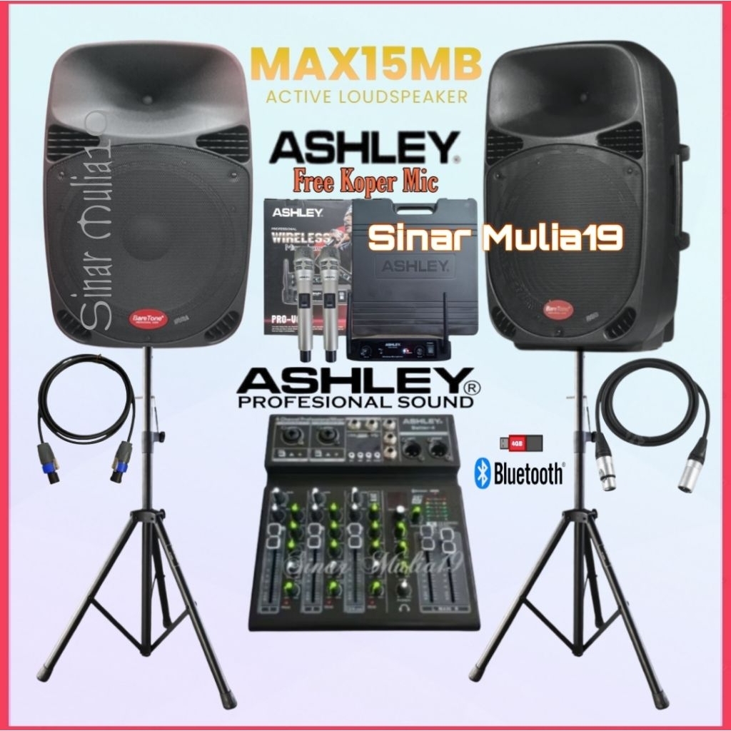 Paket Sound System Karaoke Speaker 15 Inch BareTone [ Aktif & Pasif ] Mixer 4 Channel Ashley Mic Wir