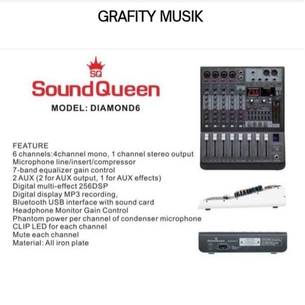 Mixer Soundqueen Diamond 6 Chanel Efek Digital Reverb 256dsp Compress USB Bluetooth mixer 6 channel
