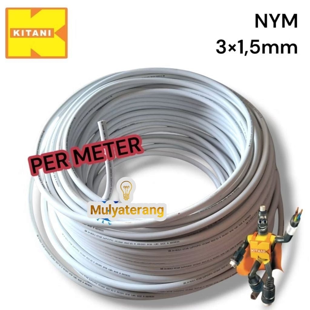 Kitani Kabel Listrik Kitani NYM 3×1,5mm Putih Kabel Tunggal Engkel Isi 3 Per Meter Ecer Meteran Orig