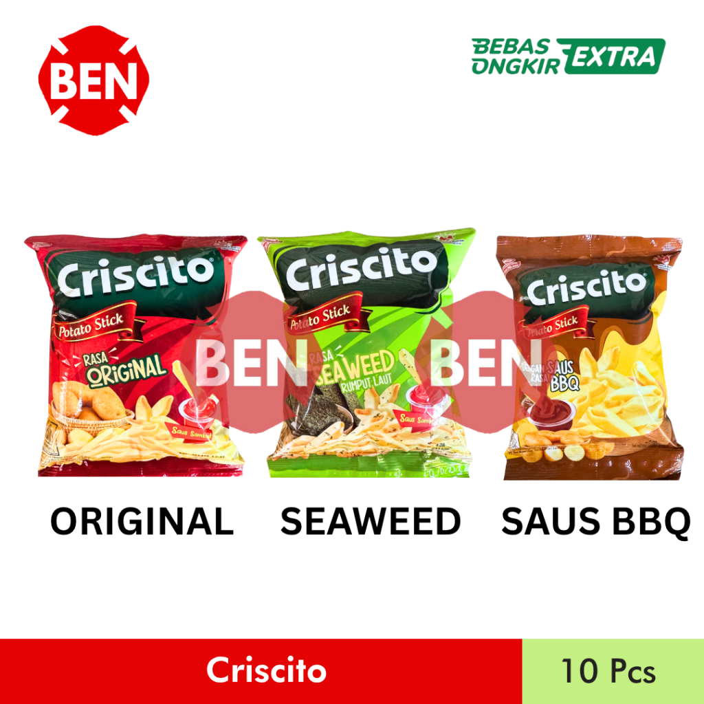 

Criscito Potato Stick ORIGINAL / RUMPUT LAUT / SAUS BBQ 1 Renceng 10 Pcs 20g 20gr -Kentang Seaweed Dengan Saus Sambal