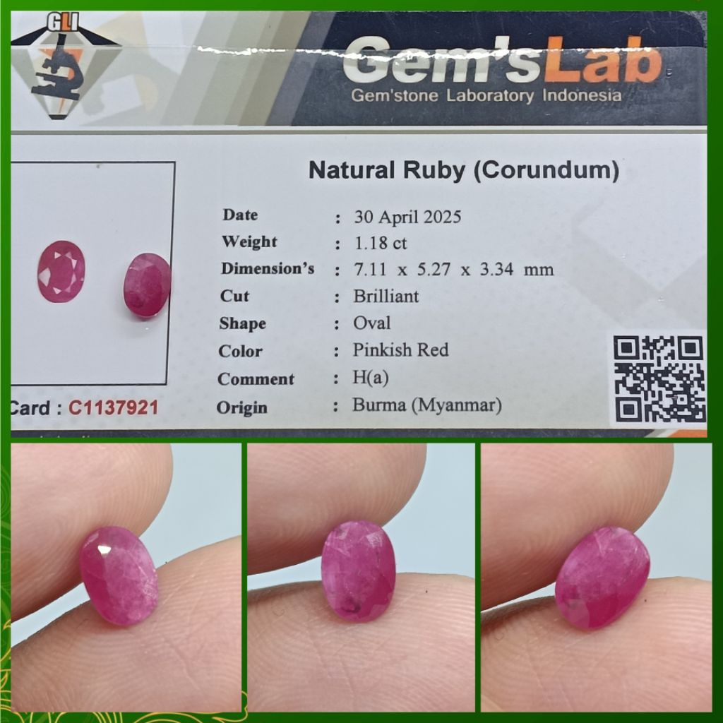 Natural Ruby Burma 1,18ct Heat-A memo GLI