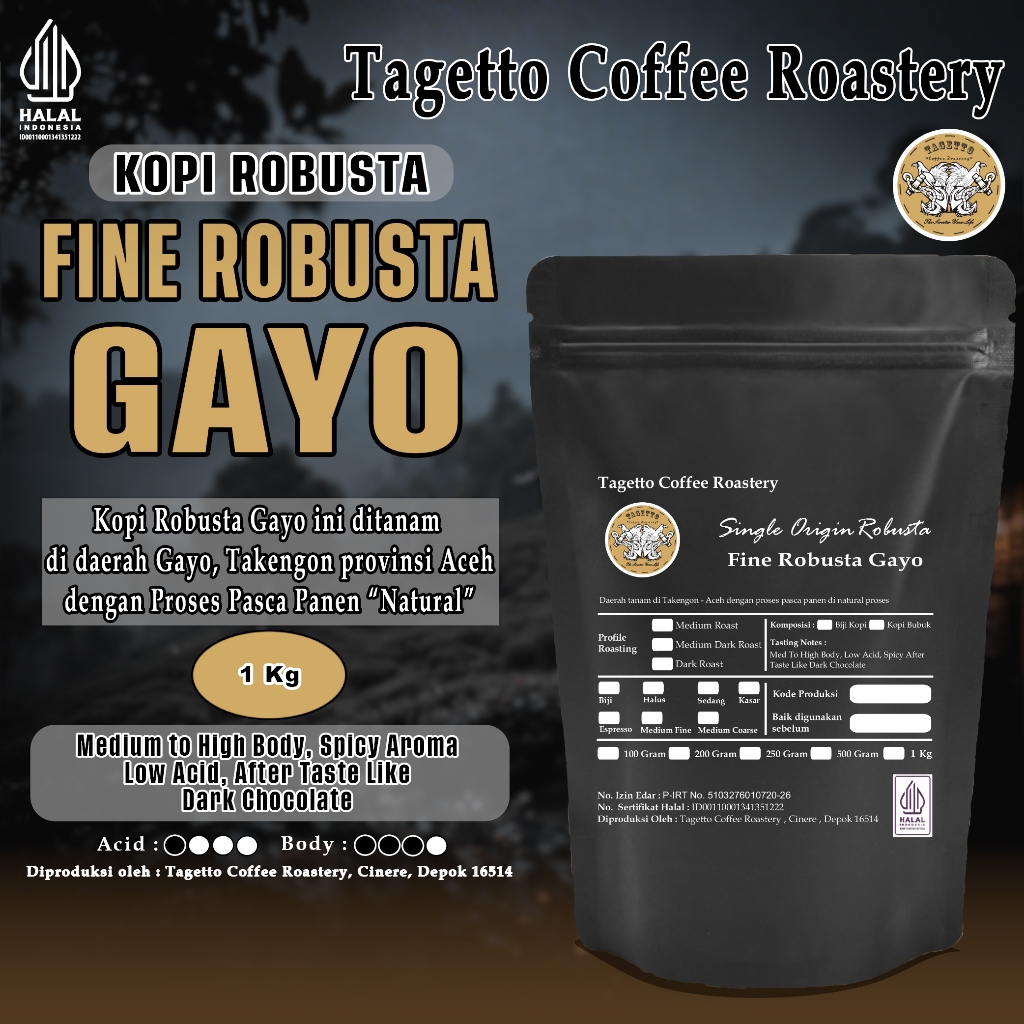 

BIJI KOPI FINE ROBUSTA GAYO 1KG | BEAN GROUND BUBUK 1 KG TAGETTO COFFEE