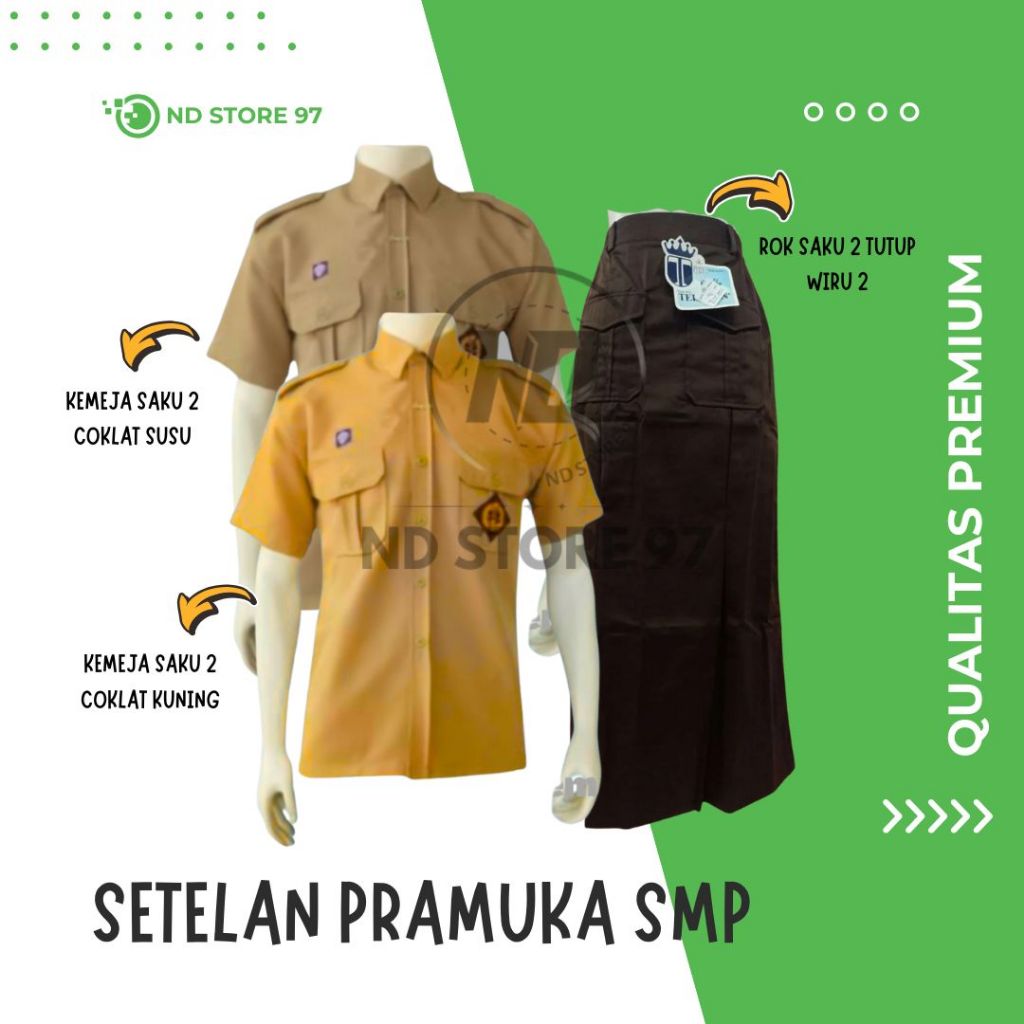 Setelan Pramuka Penggalang SMP Perempuan Lengan Pendek Model Rok Saku Tutup Wiru 2 Depan Kemeja Saku