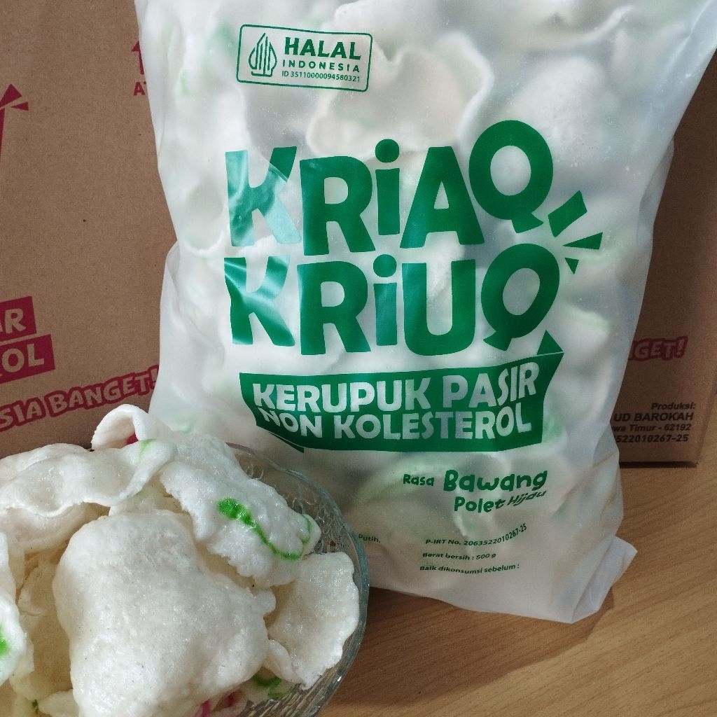 

Kerupuk Pasir Kriaq-Kriuq / Tamigo Non Kolesterol 500gr Rasa Polet Hijau Ikan