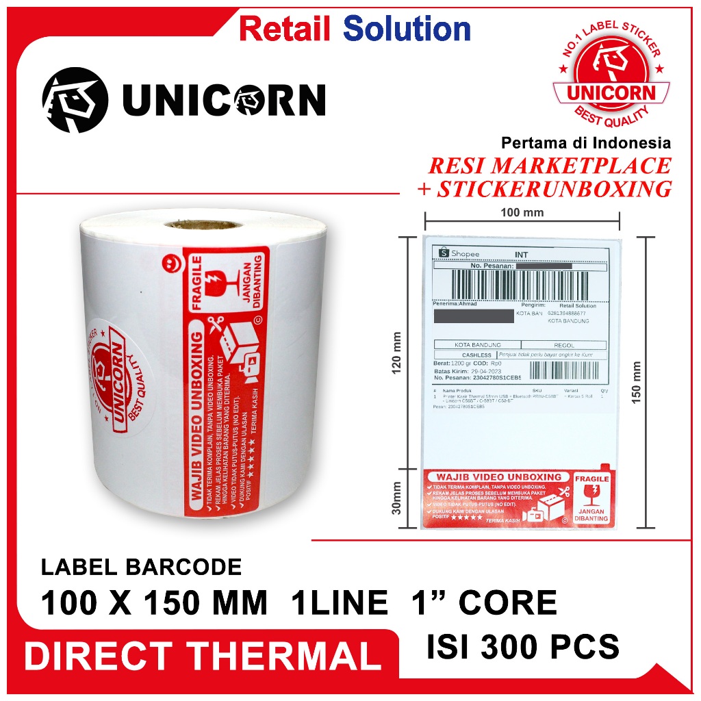 

Stiker Label Thermal Resi AWB A6 - UK 100x150 mm / 100x150mm / 100 x 150 mm / 10x15 cm / 10 x 15 cm / 10x15cm Fragile + Video Unboxing