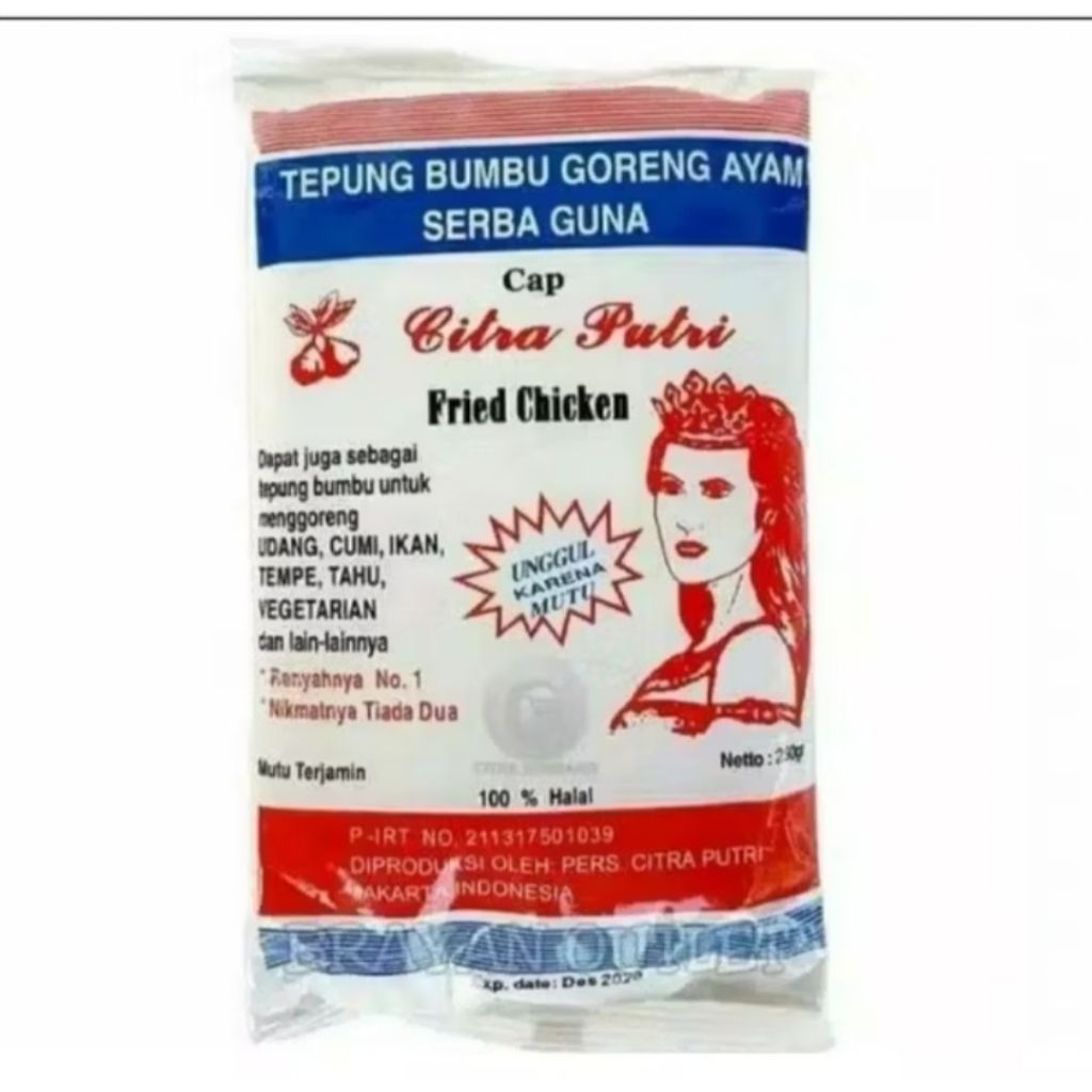 

Tepung Bumbu Ayam Goreng cap Citra Putri. 250 gram. Tepung Serbaguna. Tepung ayam goreng viral