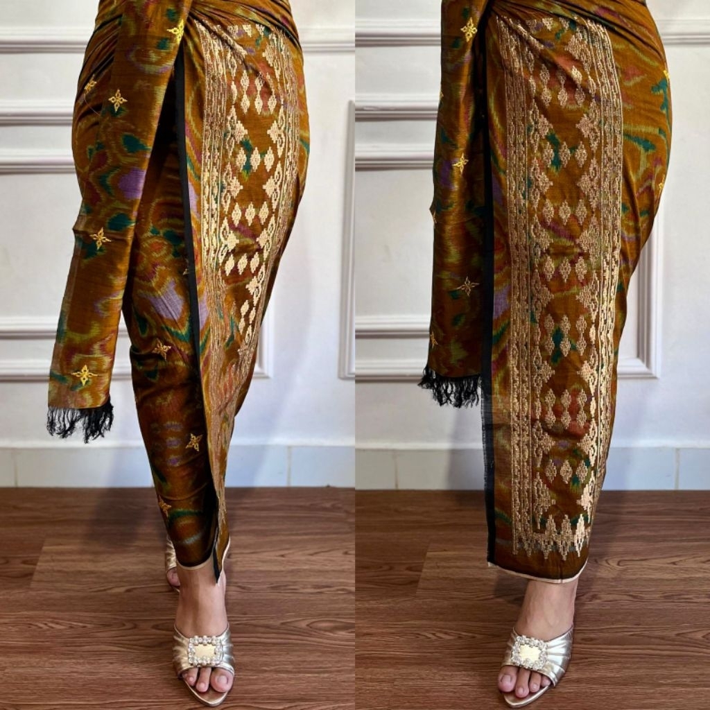 Kamen Lembaran Endek Tenun Tumpal Bordir Set Selendang