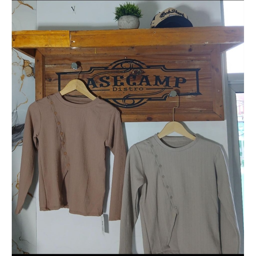 selly blouse rib knit atasan wanita kancing lengan panjang
