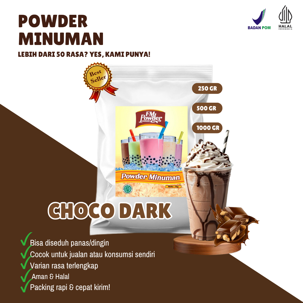 

COCHO DARK - Bubuk Minuman Powder Varian Rasa Coklat - FM POWDER Kemasan 500gr, dan 1000gr(BPOM&HALAL)
