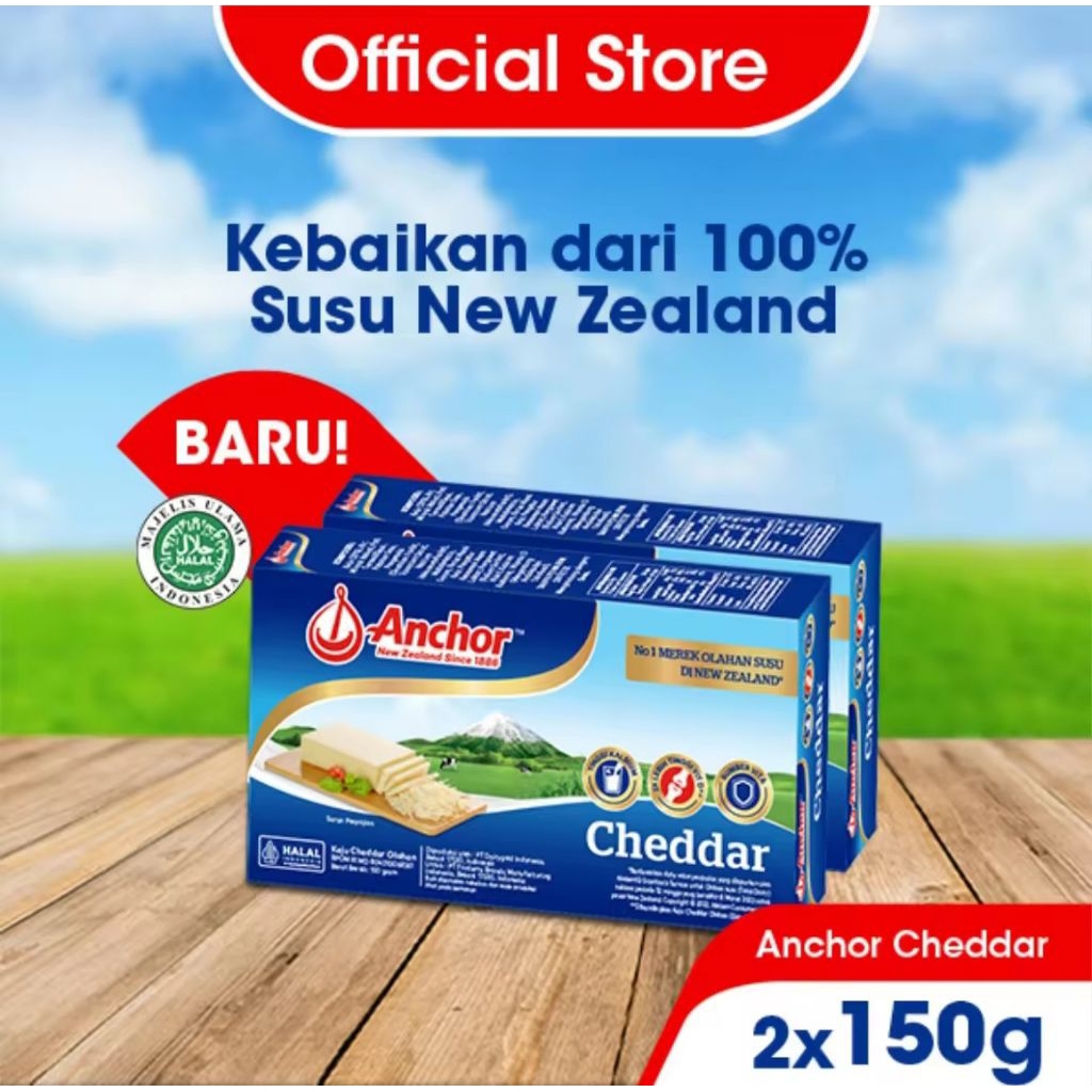 

Anchor Cheddar Cheese 150gr Isi 2 Pcs – Keju Blok Asli New Zealand untuk Kue, Roti, Pizza | Keju Anchor Original