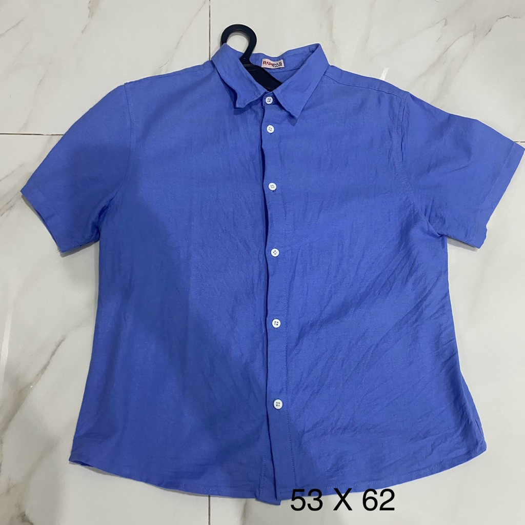 [Preloved] Hem Laki Biru Blue Kemeja Linen Rami Pria Shirt