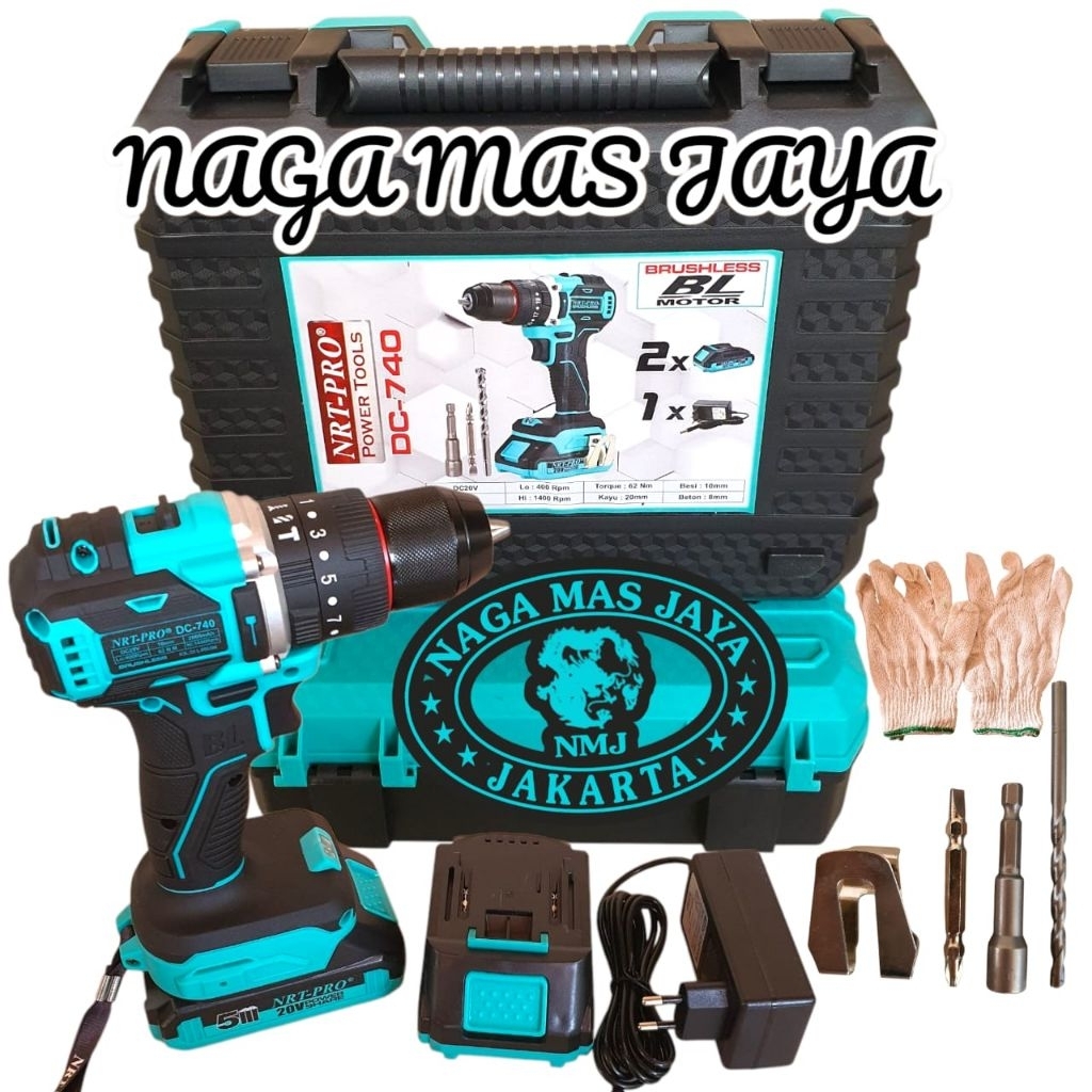 MESIN BOR CORDLESS NRT PRO 740DC BRUSHLESS  / BOR BATERAI NRT PRO 740 DC IMPACT DRILL SET
