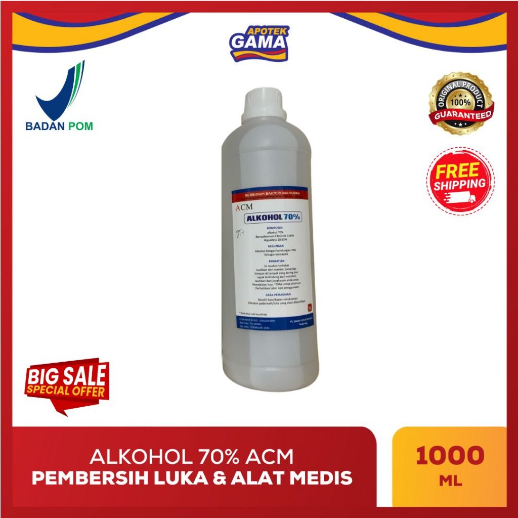 Alkohol Antiseptik ACM 70% 1 Liter & 300 ml – Cairan Pembersih Serbaguna untuk Tangan, Kulit, dan Pe