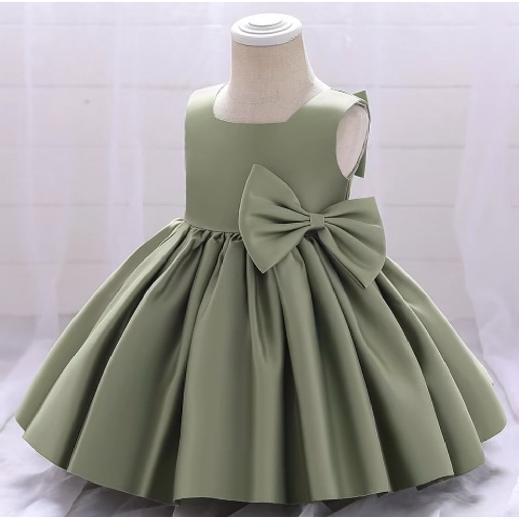 Preloved Gaun Pesta Anak Dress Green Satin Polyester Pita Anak 2 tahun