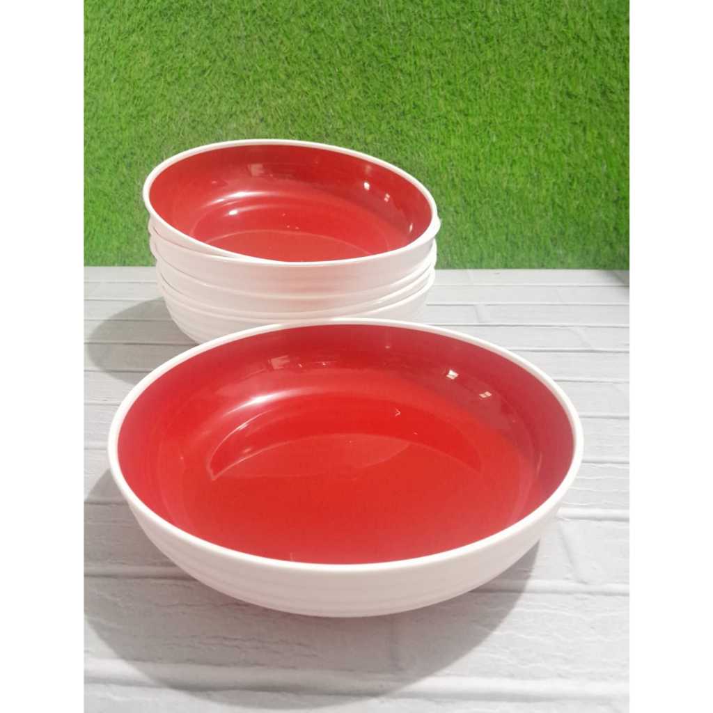 12 Pcs Piring Plastik Ramen Korea Bulat Cekung /Mangkuk Plastik Sajian Ramen Ceper  Ulir Putih Merah