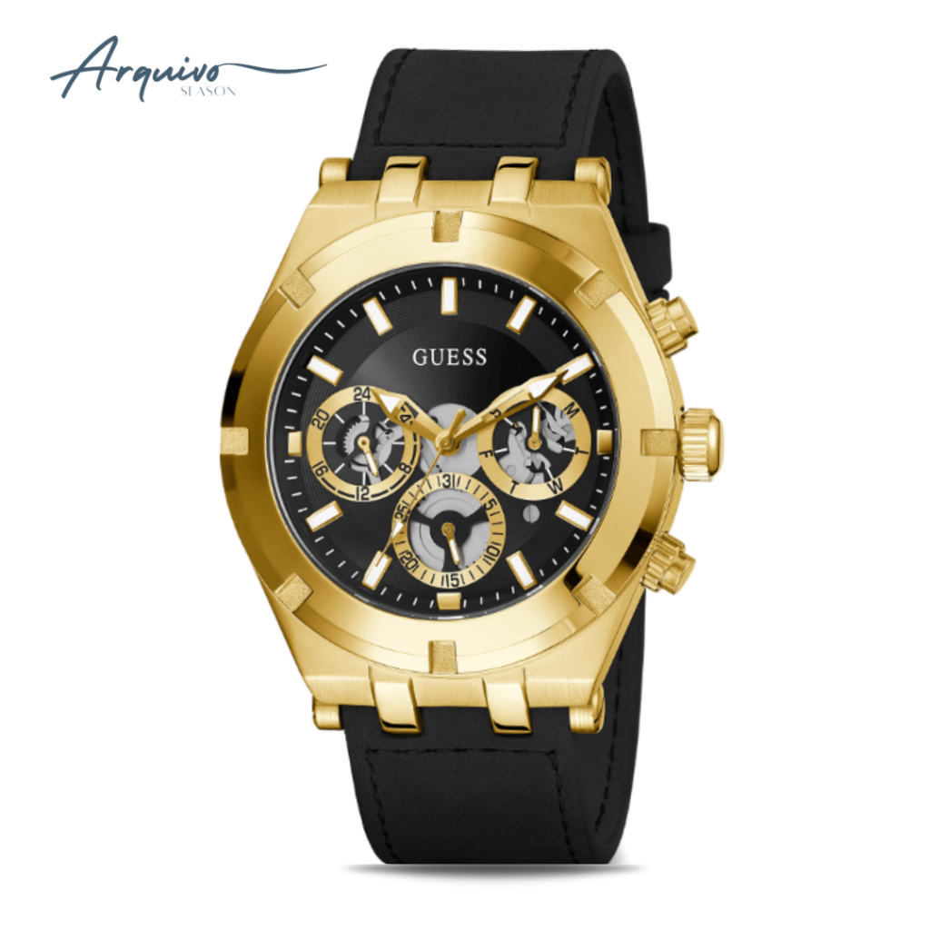 Jam Tangan Guess Pria Continental Chronograph Kulit Black Case Gold Casual Sporty Original GW0262G2