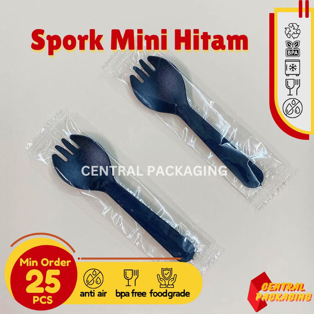 Spork Mini Hitam Steril / Sendok Garpu Dessert Steril Warna Hitam / Spork Dessert Steril Kecil / Sen