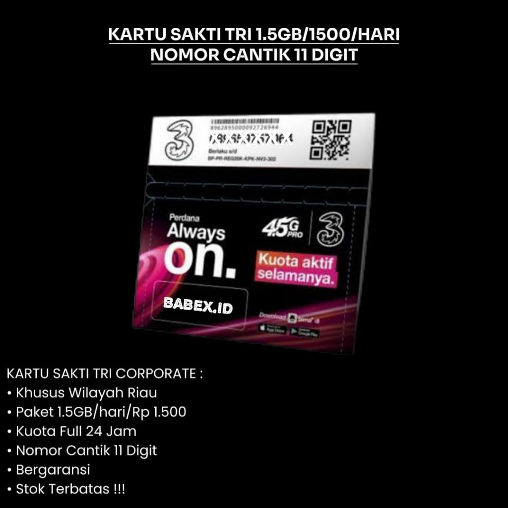 (NOMOR CANTIK 11 DIGIT) KARTU PERDANA SAKTI TRI 1.5GB 1500 PERHARI | KARTU SAKTI TRI CORPORATE 11 DI